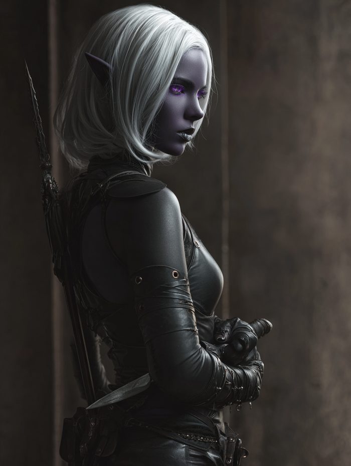 Kryssa Mizznarth, eine Dunkelelfin mit weißem Haar und violetten Augen, blickt über die Schulter; sie trägt schwarze Lederrüstung und mehrere Klingen.