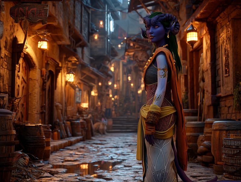 Serelyth Nightember, eine violettblaue Tiefling-Frau mit geschwungenen Hörnern und dunklem Haar, steht in einer von warmen Laternen erleuchteten Gasse Unterryals.